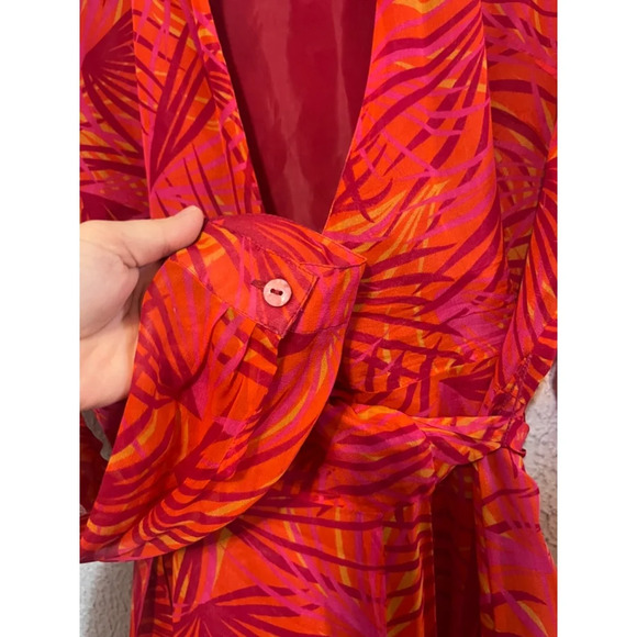 Vintage Y2K ICE Silk Orange Pink Chiffon Fairy core Tropical Wrap Dress Size 16 - Picture 3 of 7